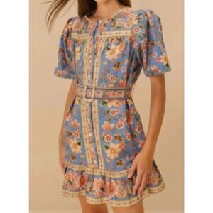 Farm Rio Superbloom Tapestry Blue Mini Dress Size S Puff Sleeve Floral Cotton.